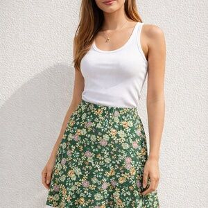 LOFT Green Floral Skater Skirt